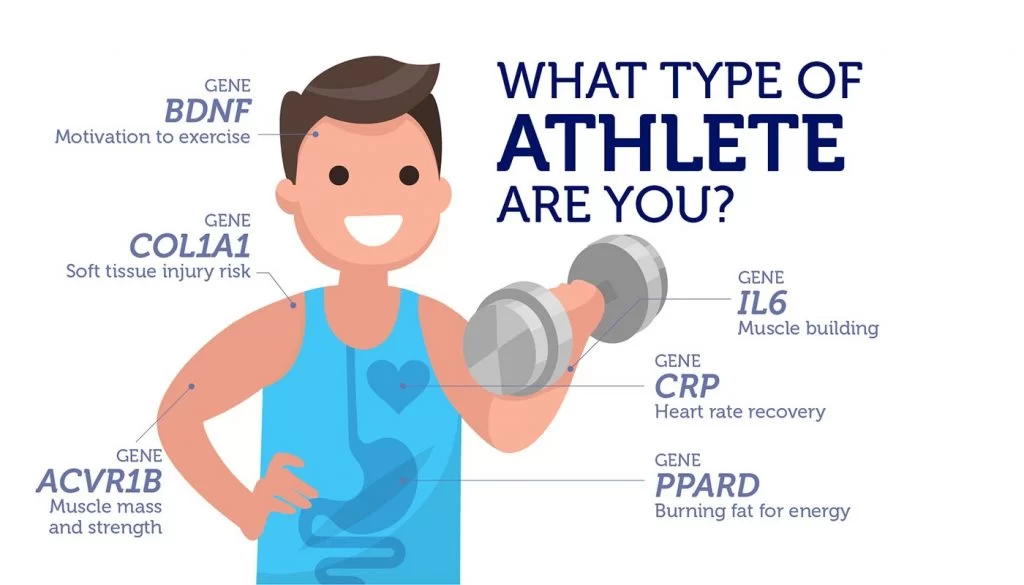 A DNA test kit and a report showing genetic insights related to athletic performance and fitness potential on a table.