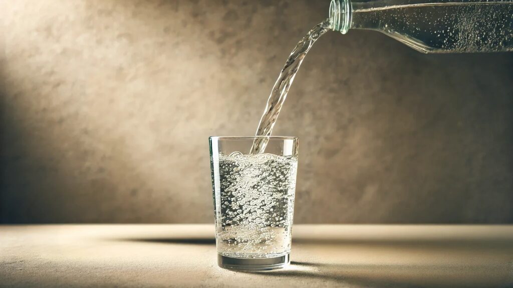 A chilled glass of carbonated water with visible bubbles rising to the surface, garnished with a slice of lemon and mint leaves on a wooden table.