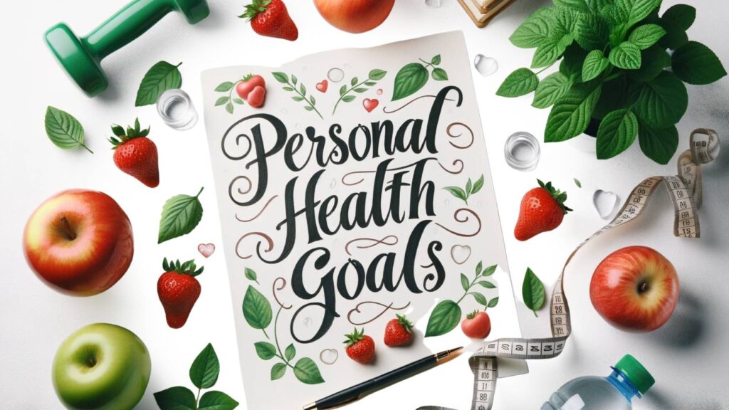 A motivational chart with fitness icons, healthy meals, and a checklist symbolizing achievable health goals and progress tracking.