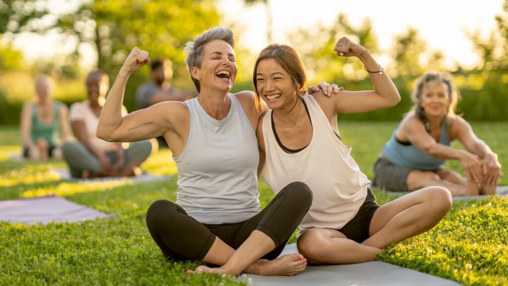 A diverse group of people engaging in activities like jogging, yoga, and weightlifting, symbolizing the physical and mental benefits of regular exercise.