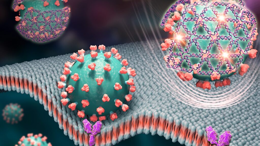 An illustration of a virus particle with a protective shield, surrounded by icons of masks, hand sanitizers, and social distancing measures to represent COVID-19 safety.