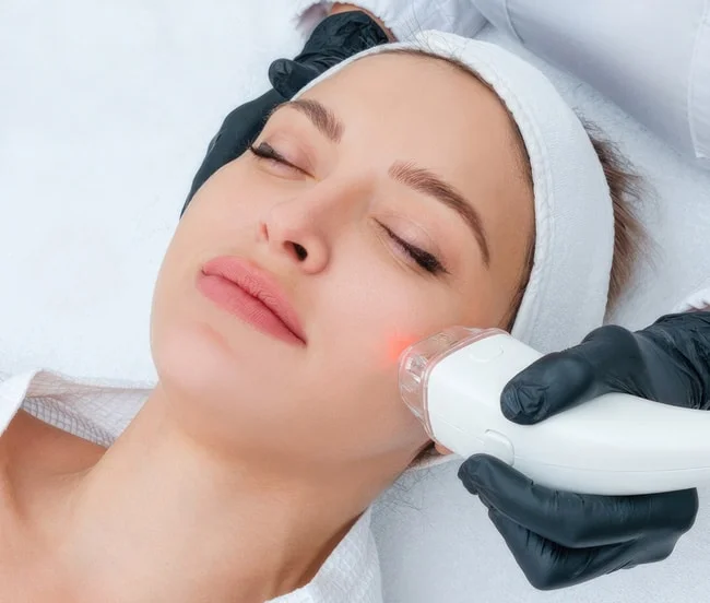 "A woman undergoing an IPL photofacial treatment with a handheld device applied to her face."