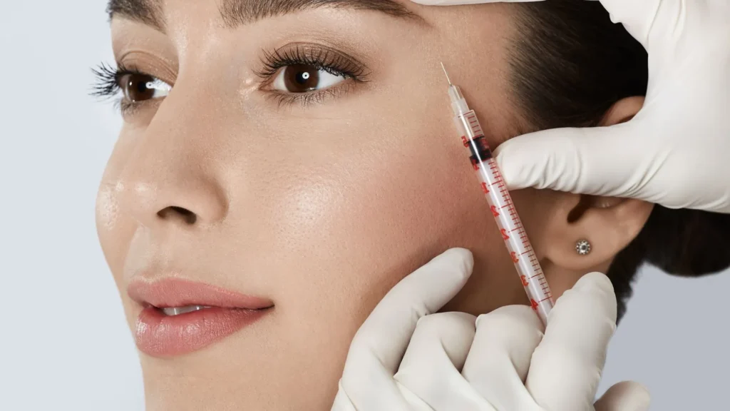 A syringe containing Xeomin, a cosmetic injectable used to reduce wrinkles, placed on a medical tray beside gloves and other clinical tools.