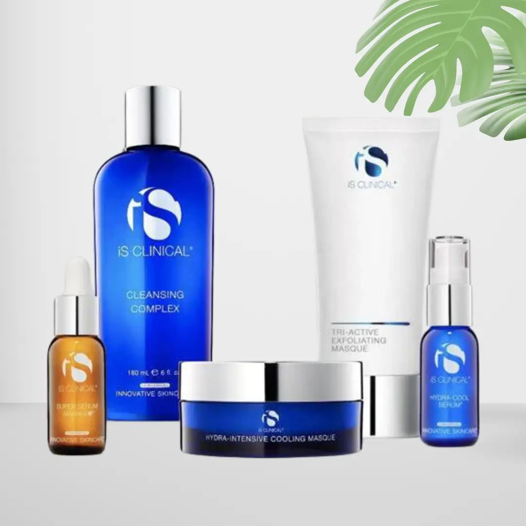 iS Clinical Skincare Products - Cleansing Complex, Pro-Heal Serum Advance+, Hydra-Cool Serum in a sleek product lineup.