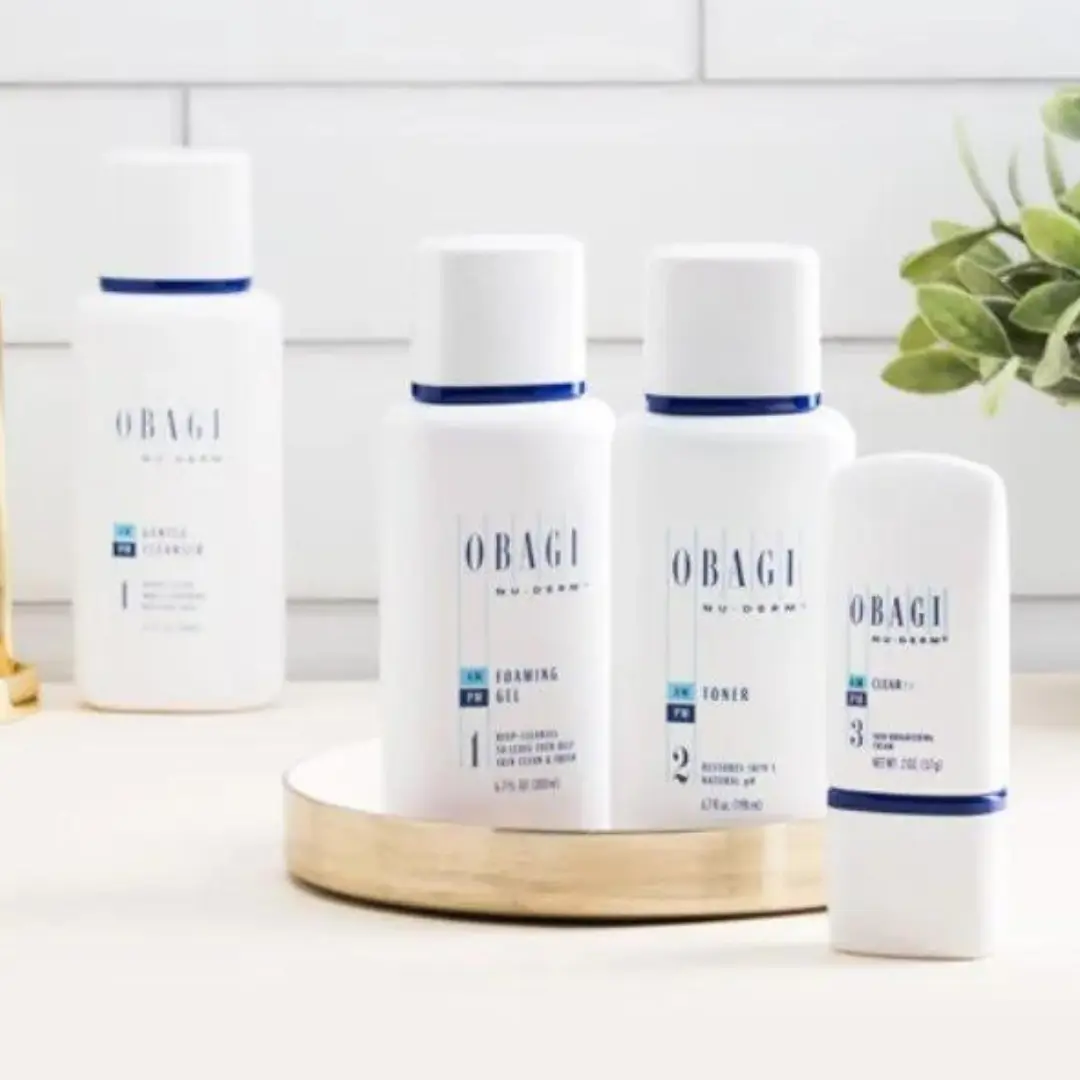 Obagi Skincare Products - Nu-Derm Foaming Gel, Professional-C Serum, and Hydrate Facial Moisturizer in a comprehensive lineup.