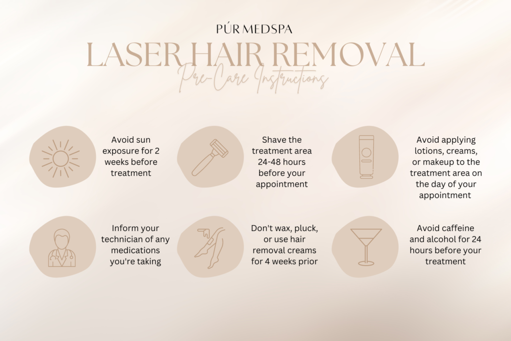 Photo of a woman preparing for laser hair removal, with text detailing important pre-care instructions, including avoiding sun exposure and shaving the treatment area.