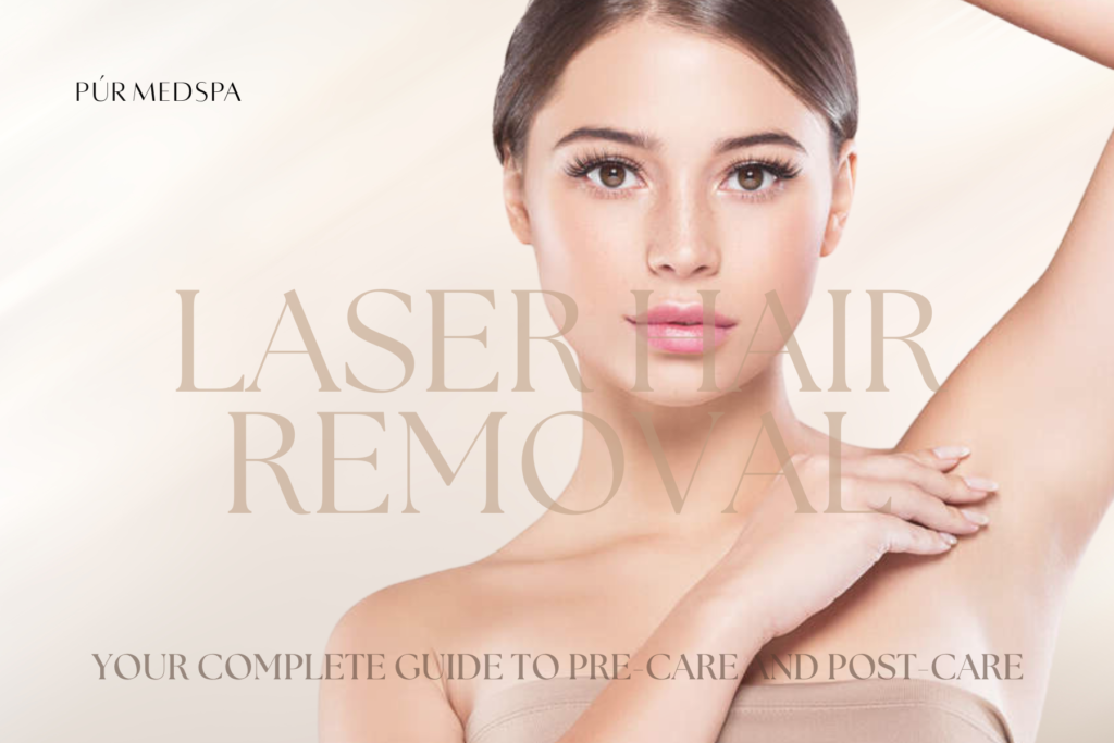 Photo of a woman undergoing laser hair removal treatment with accompanying text explaining pre-care, post-care, and eligibility for the procedure at Purmedspa.