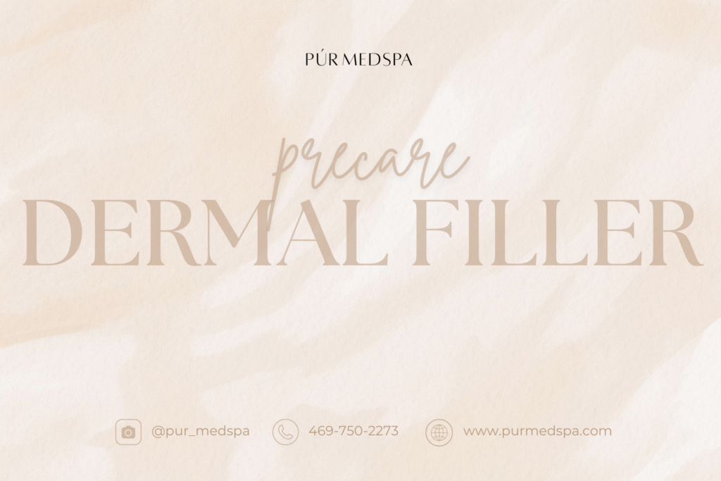 Graphic showing facial areas treated with dermal fillers, along with text outlining pre-care instructions for procedures at Purmedspa.